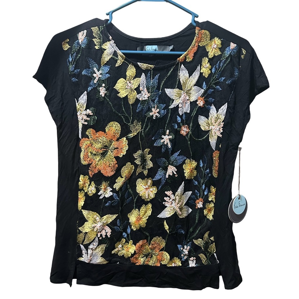 Eva Franco Black Tee with Multicolor Floral Design